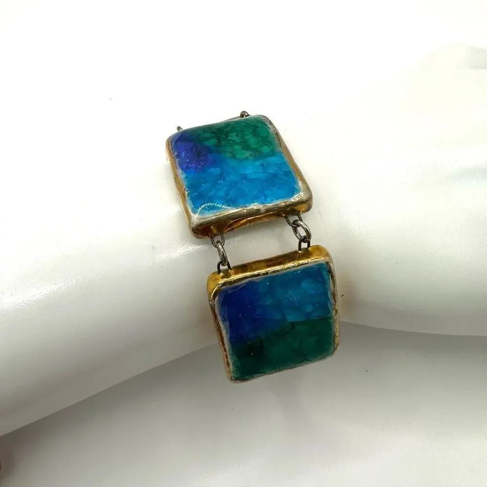 Mid century blue and green ceramic link bracelet